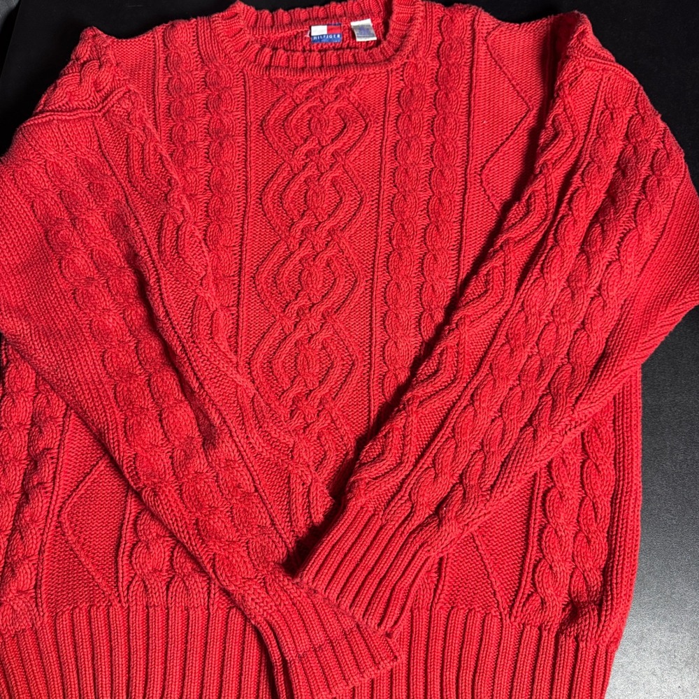 Tommy Hilfiger Sweater Mens XL Red Cable Knit Cotton Crewneck Vintage